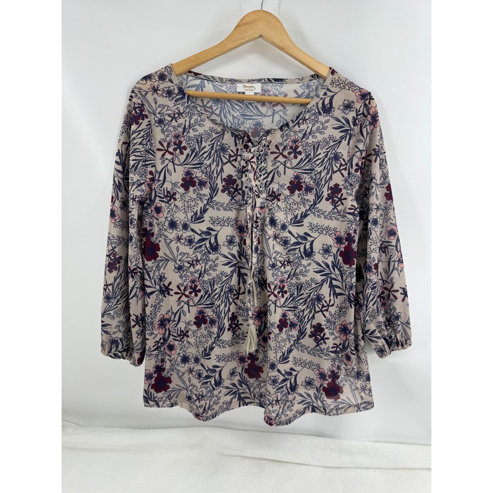 Wrangler Blouse Western Boho Top Lace Up Tassel 3/4 Sleeve Size Large Mesh